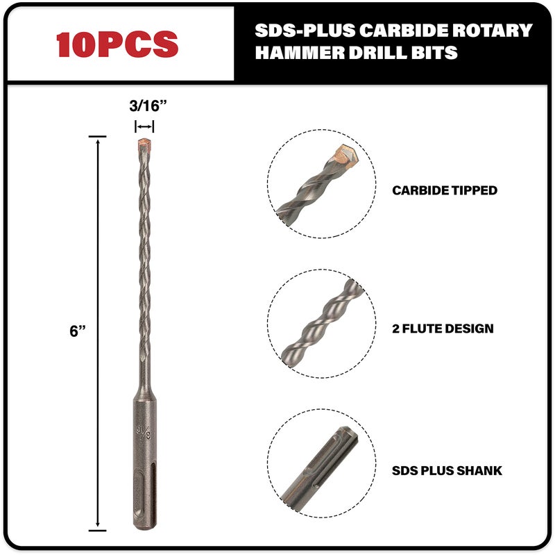Sabre Tools أدوات سيبر 10 عبوات SDS Plus 3/16 بوصة × 6 بوصة مطرقة دوارة لقم الثقب من الكربيد لحجر الطوب والخرسانة - Image 2